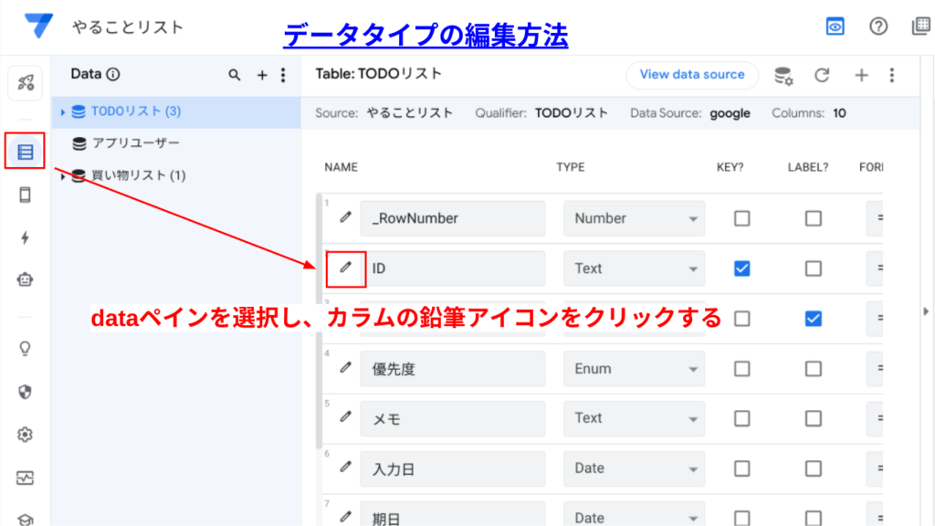 データタイプの編集方法