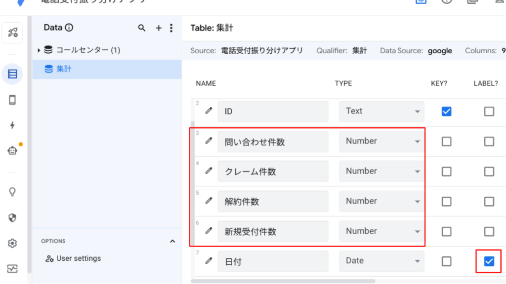 ラベルのチェックとデータタイプの確認