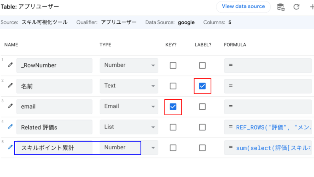 アプリユーザーテーブルの設定